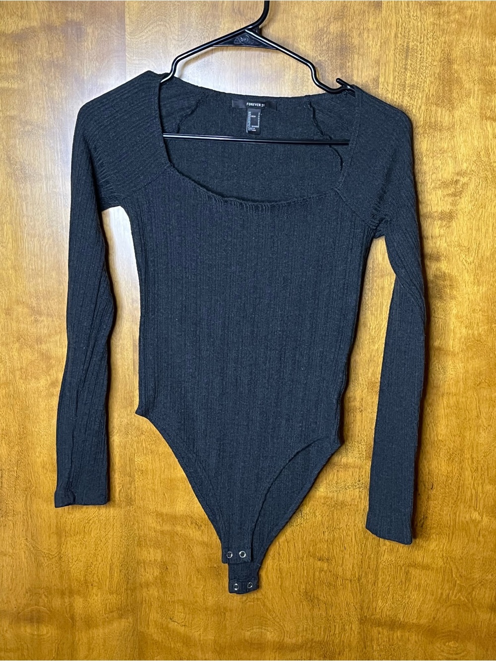 Forever 21 Black Ribbed Long Sleeve Bodysuit Square Neck Size S